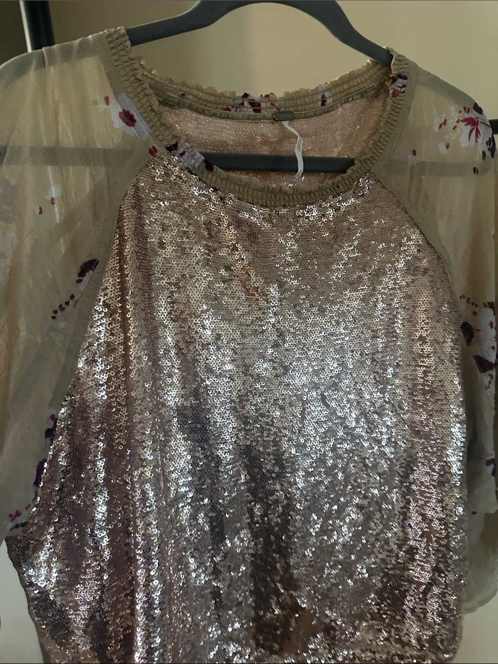 Free People Rose Gold Sequin Crop Top with Floral Chiffon Sleeves